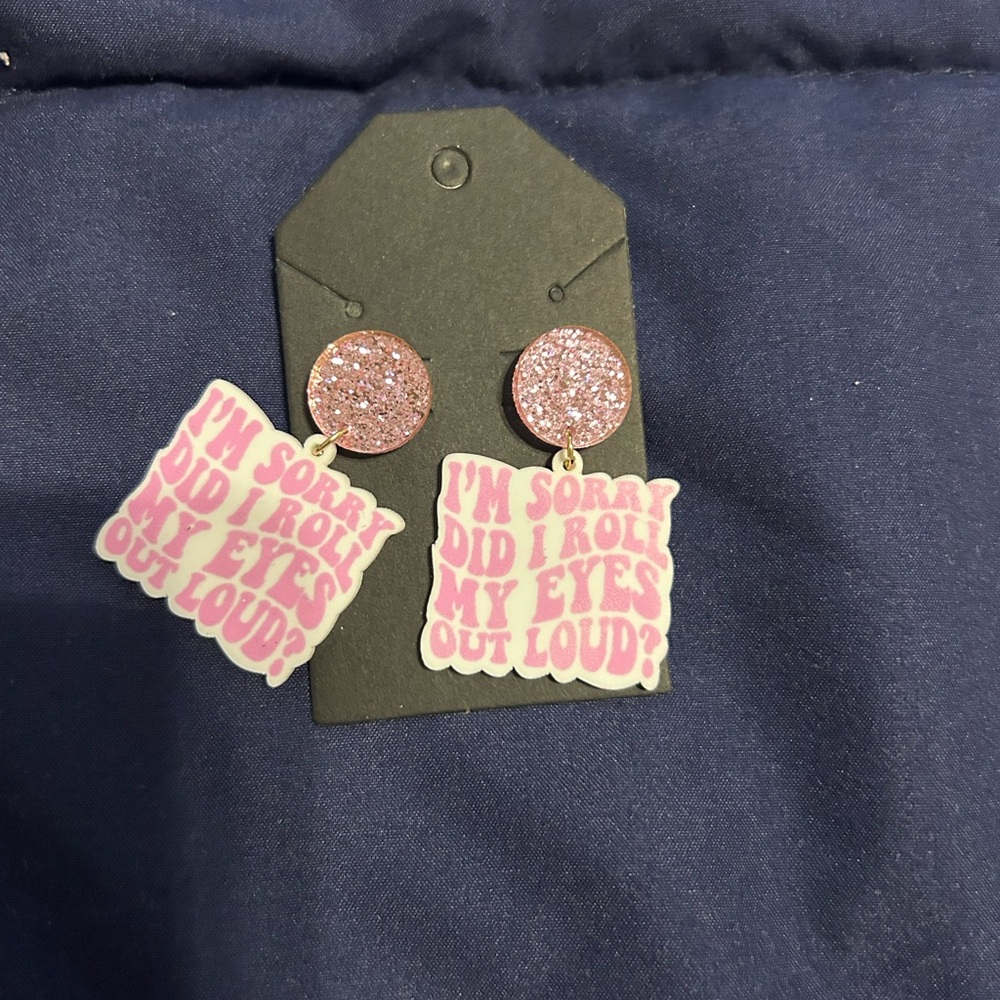 Pink Glitter Stud Earrings with Quote Stickers